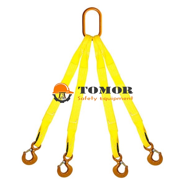 Sling cáp vải 4 chân 1 tấn làm từ sợi polyester đạt chuẩn DIN-EN 1492, chống trơn trượt, không bắt lửa, nâng hạ hàng hóa tải trọng 1 tấn.